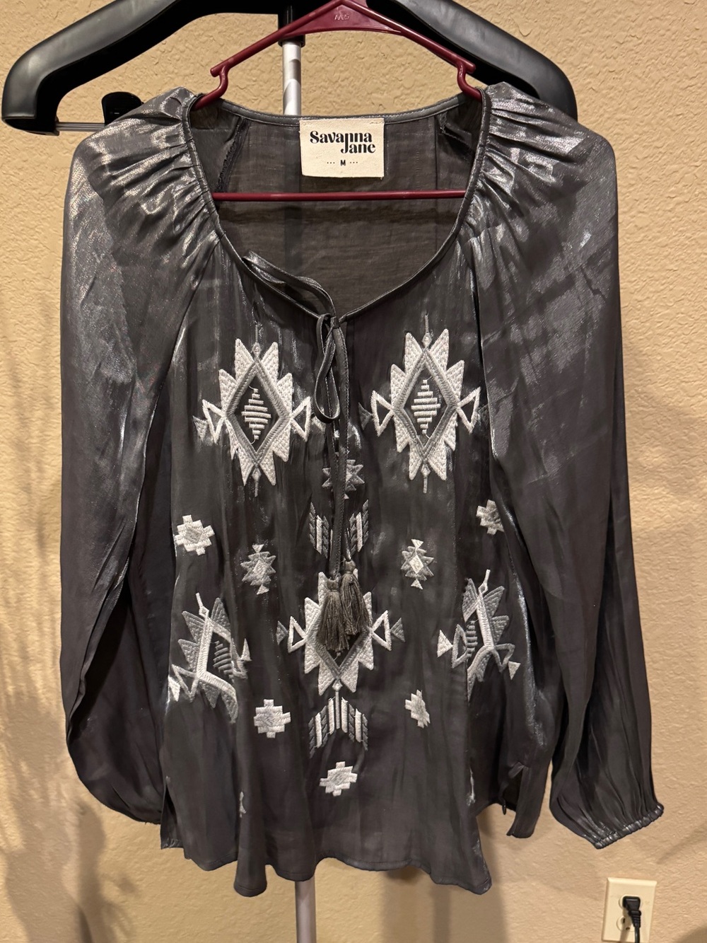 Savanna Jane Silver Sheer Elegant Embroidered Peasant Top